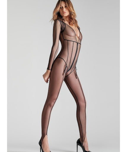 L'Amoureuse Stirrup Catsuit with Zip Black Dahlia