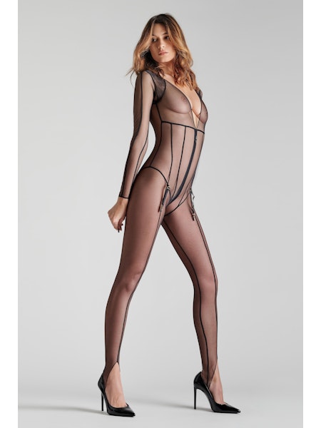 L'Amoureuse Stirrup Catsuit with Zip Black